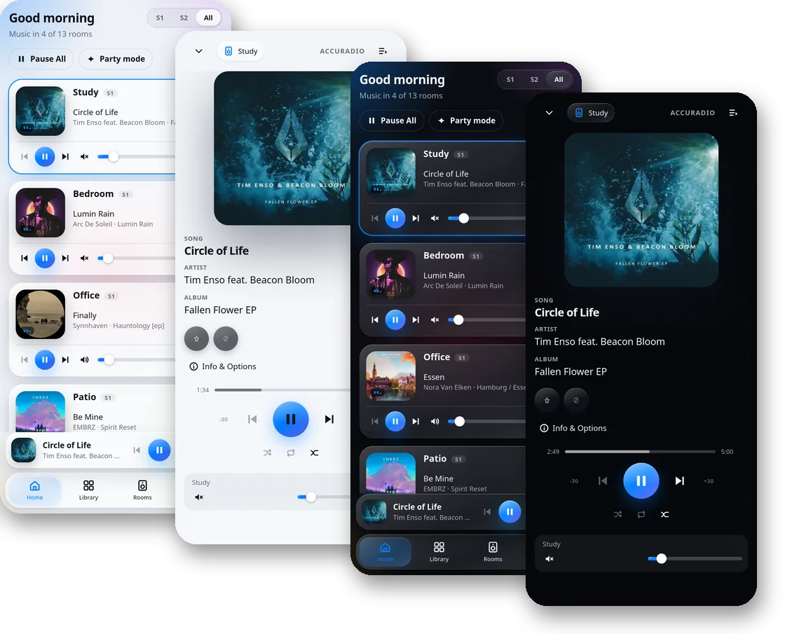 Liquid Glass on a phone: the home page and the full-screen player, in light and dark