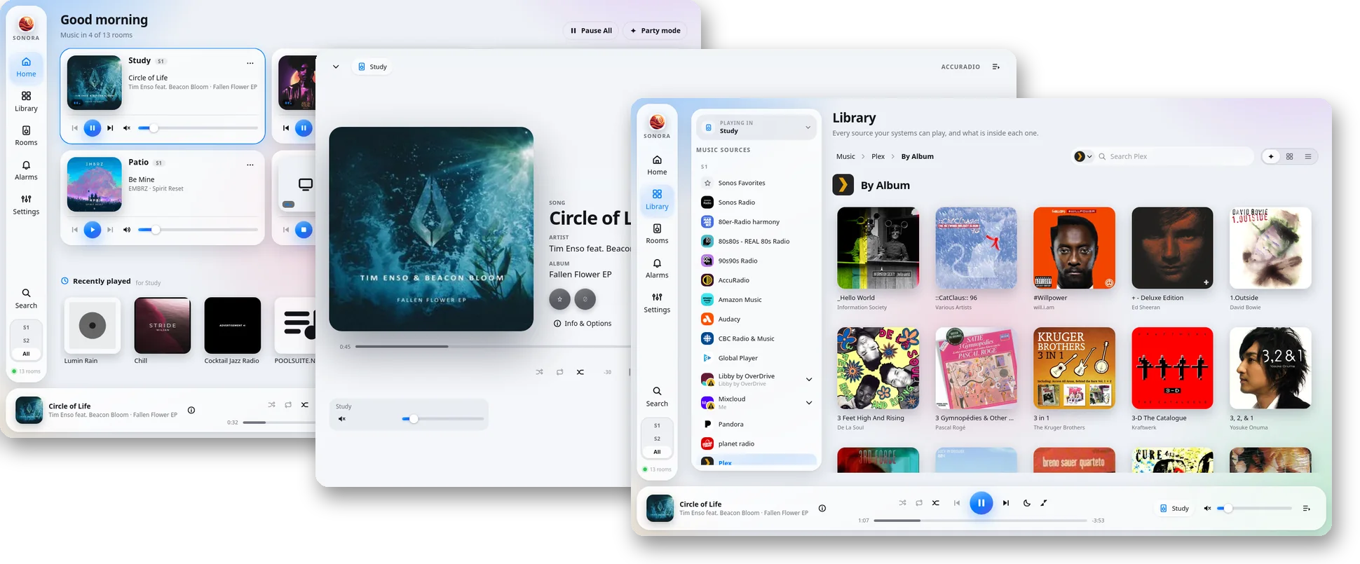 Sonora's Liquid Glass theme: the home page, Now Playing, and a music library being browsed