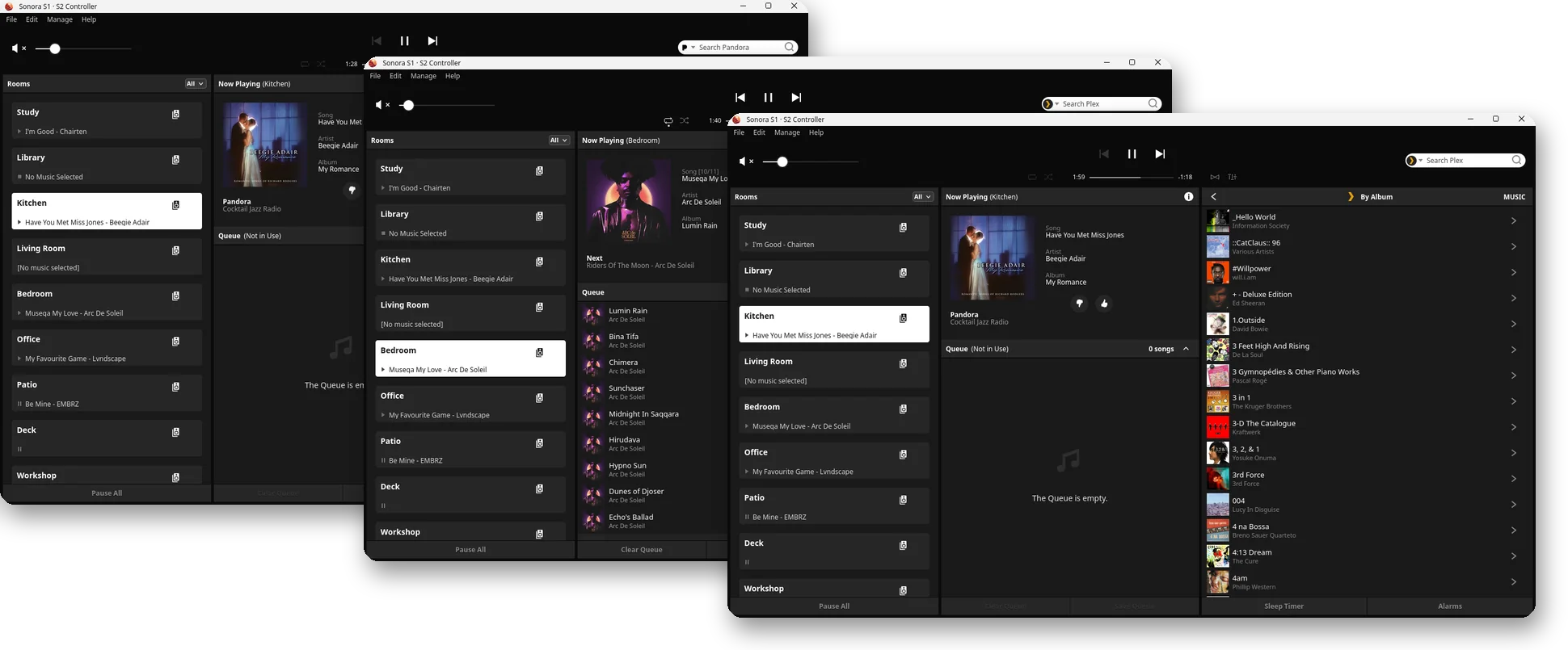 The Sonos Windows Desktop theme: rooms, Now Playing with its queue, and a music library
